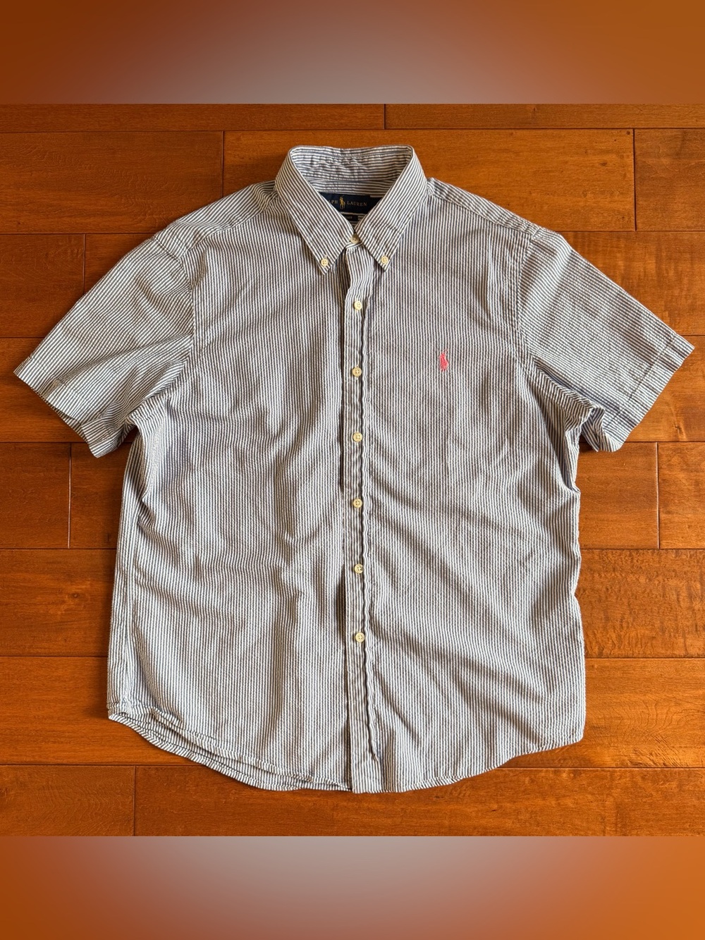 Ralph Lauren Seersucker Blue White Stripe SS Button-Down Pink Horse Shirt - L - Picture 2 of 11